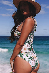 White Floral Print Ruched Straps One Piece Swimsuit