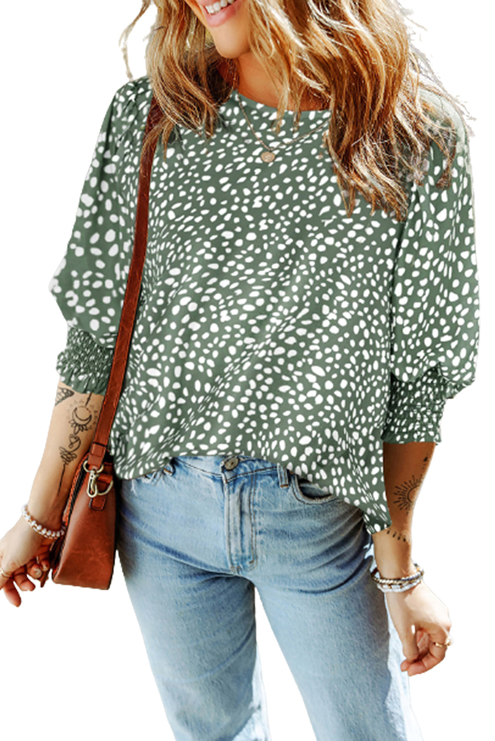 Green Leopard Print Shirred Cuff 3/4 Sleeve Blouse