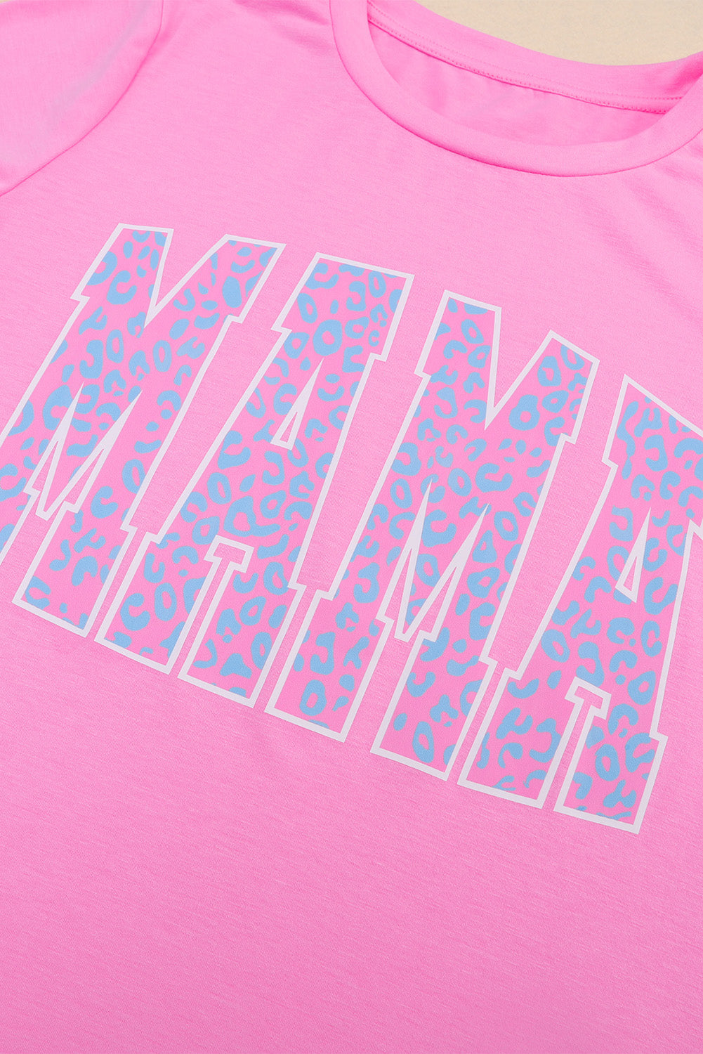 Pink MAMA Leopard Print O-neck Graphic T Shirt