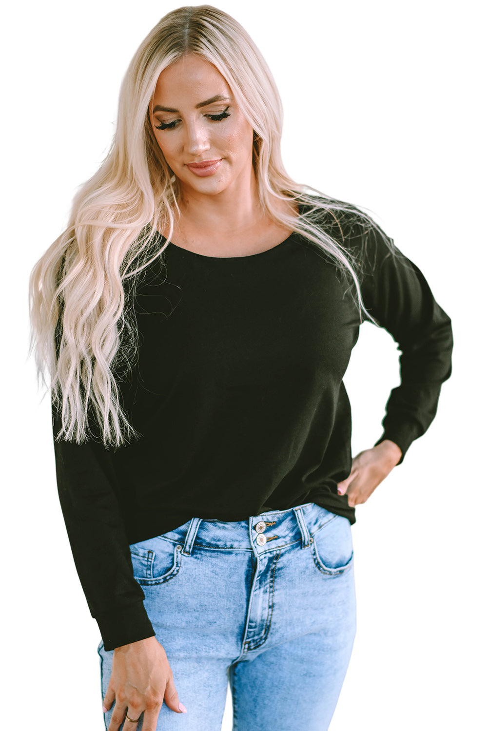 Black Solid Casual Round Neck Raglan Long Sleeve Tee