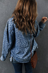 Sky Blue Oversized Leopard Denim Jacket with Pockets