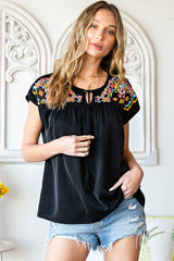 Black Geometric Floret Embroidered Short Sleeve Blouse