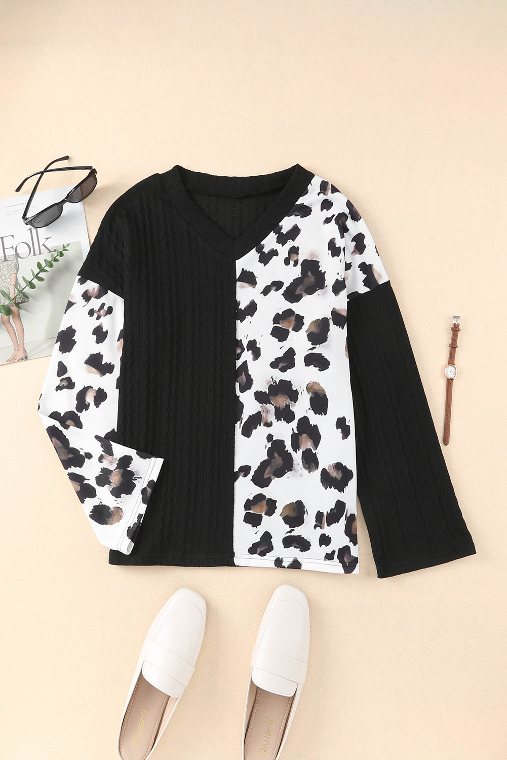 Khaki Asymmetric Leopard Patchwork Wide Sleeve V Neck Sweater