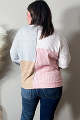 Multicolor Cable Knit Colorblock Long Sleeve Plus Size Top