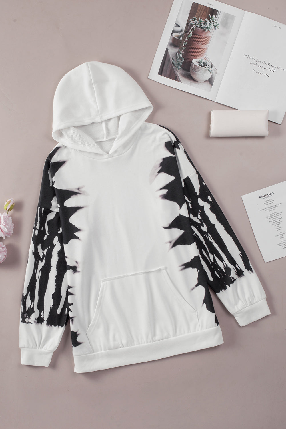 White Tie Dye Hooded Sweatshirt with Kangaroo Pocket