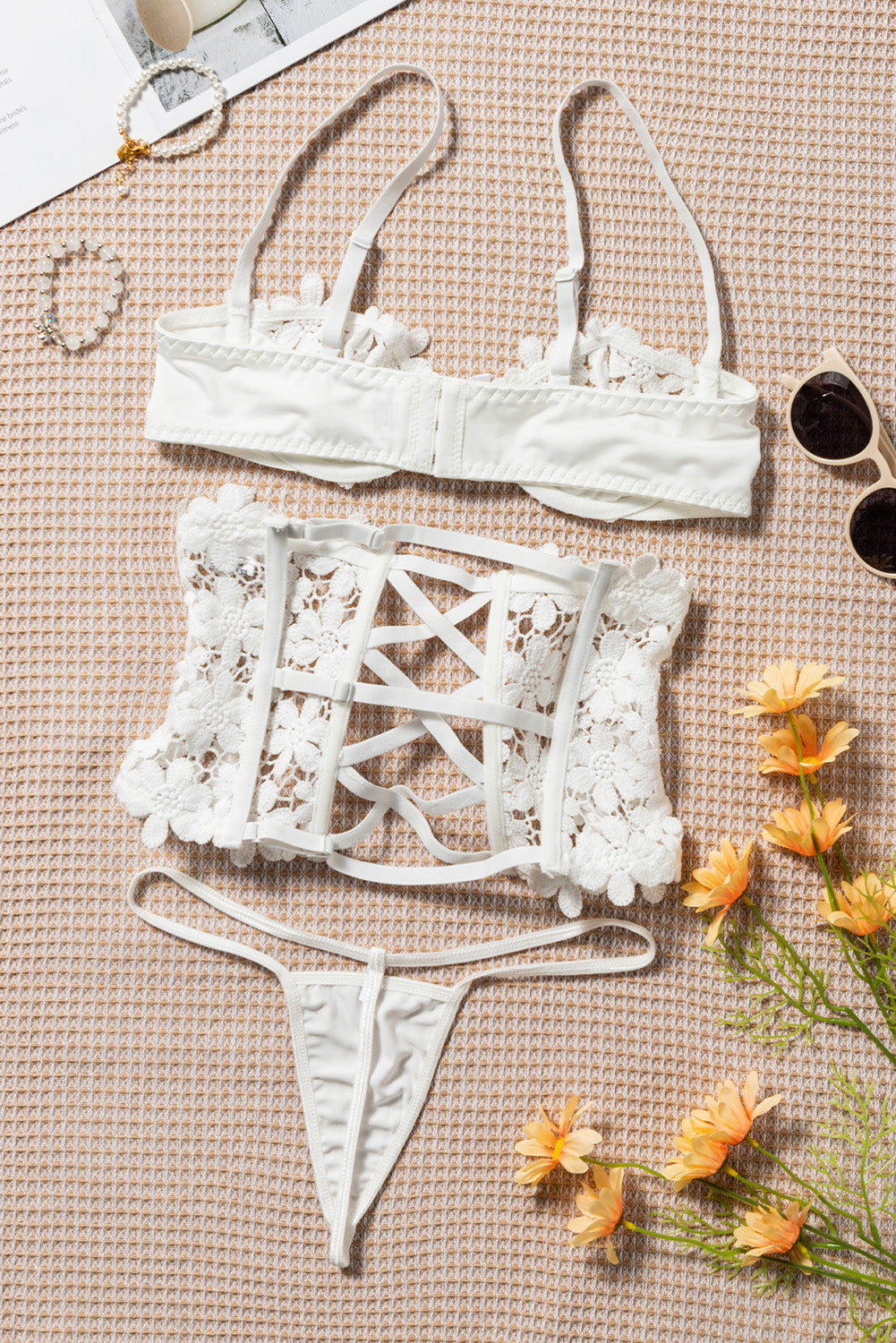 White Premium Lace Bra Waist Cincher and Thong Lingerie Set