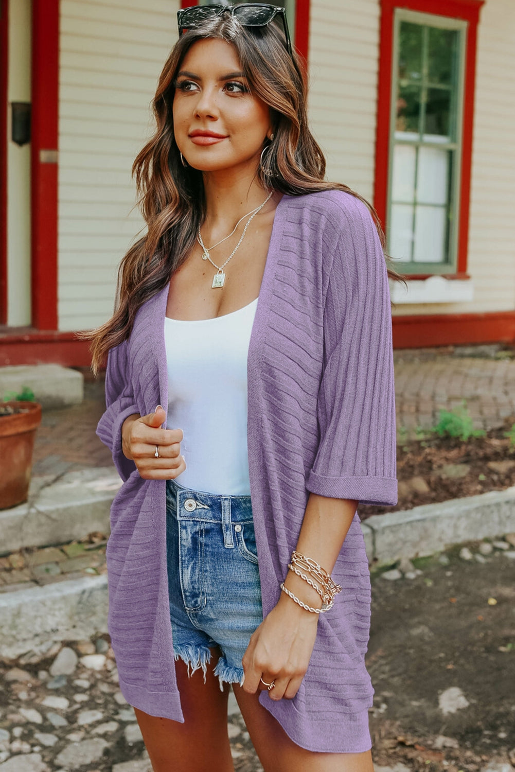 Red Ribbed Open Front Knit Cardigan