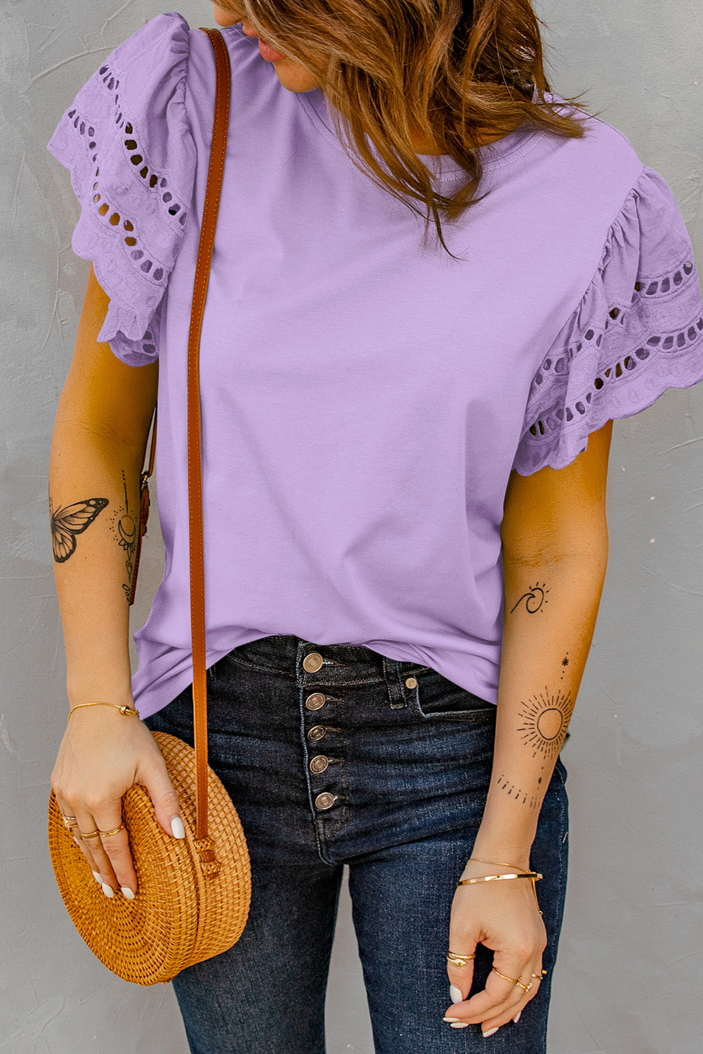 Purple Hollow Out Ruffle Sleeve T-shirt