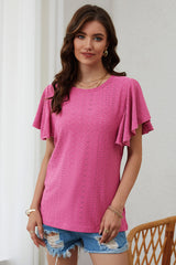 Rose Flutter Sleeve Eyelet Textured Top