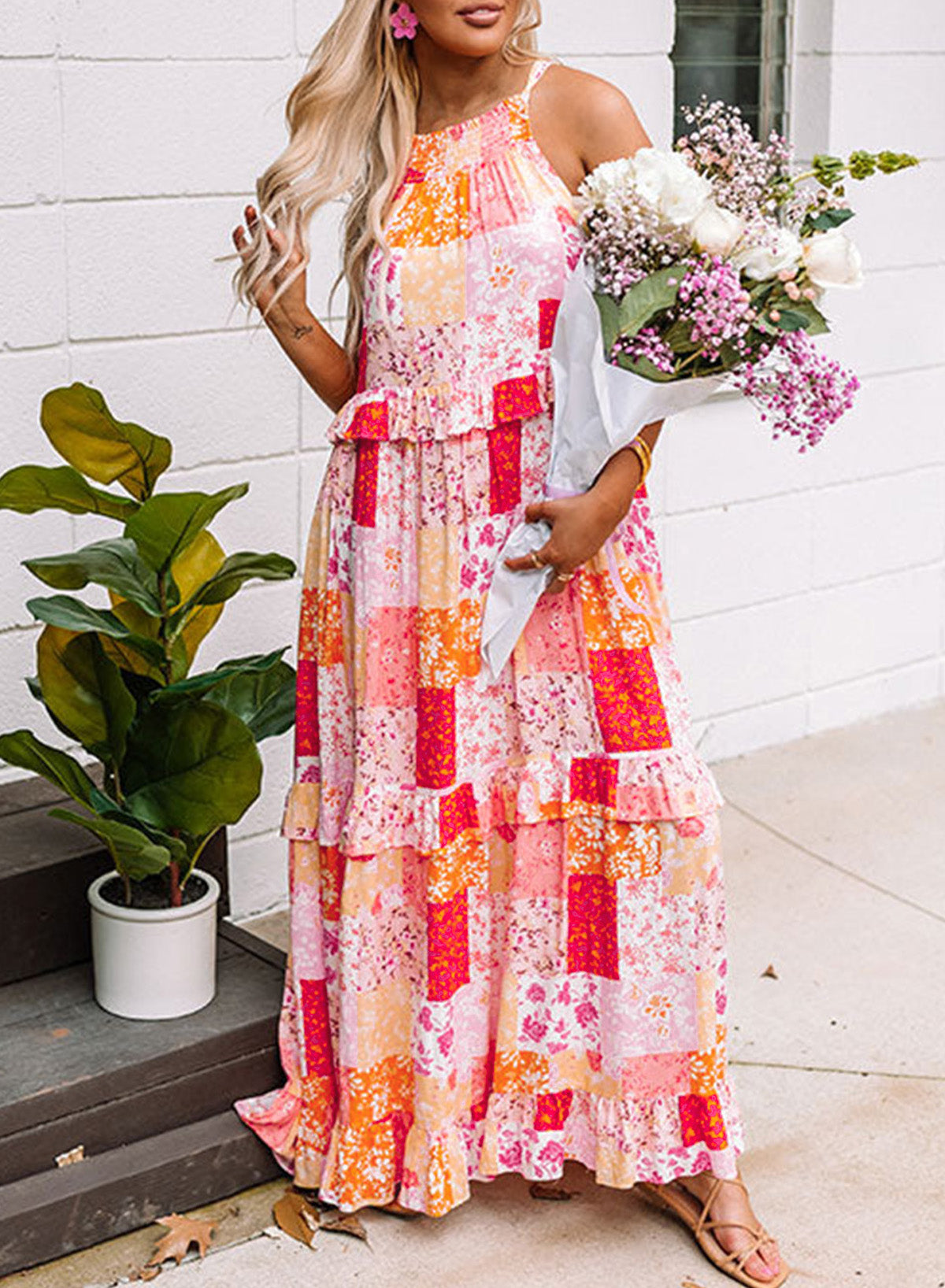 Multicolor Boho Geometric Floral Print Sleeveless Maxi Dress