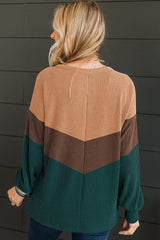 Blackish Green Color Block Corded Texture Long Sleeve Top