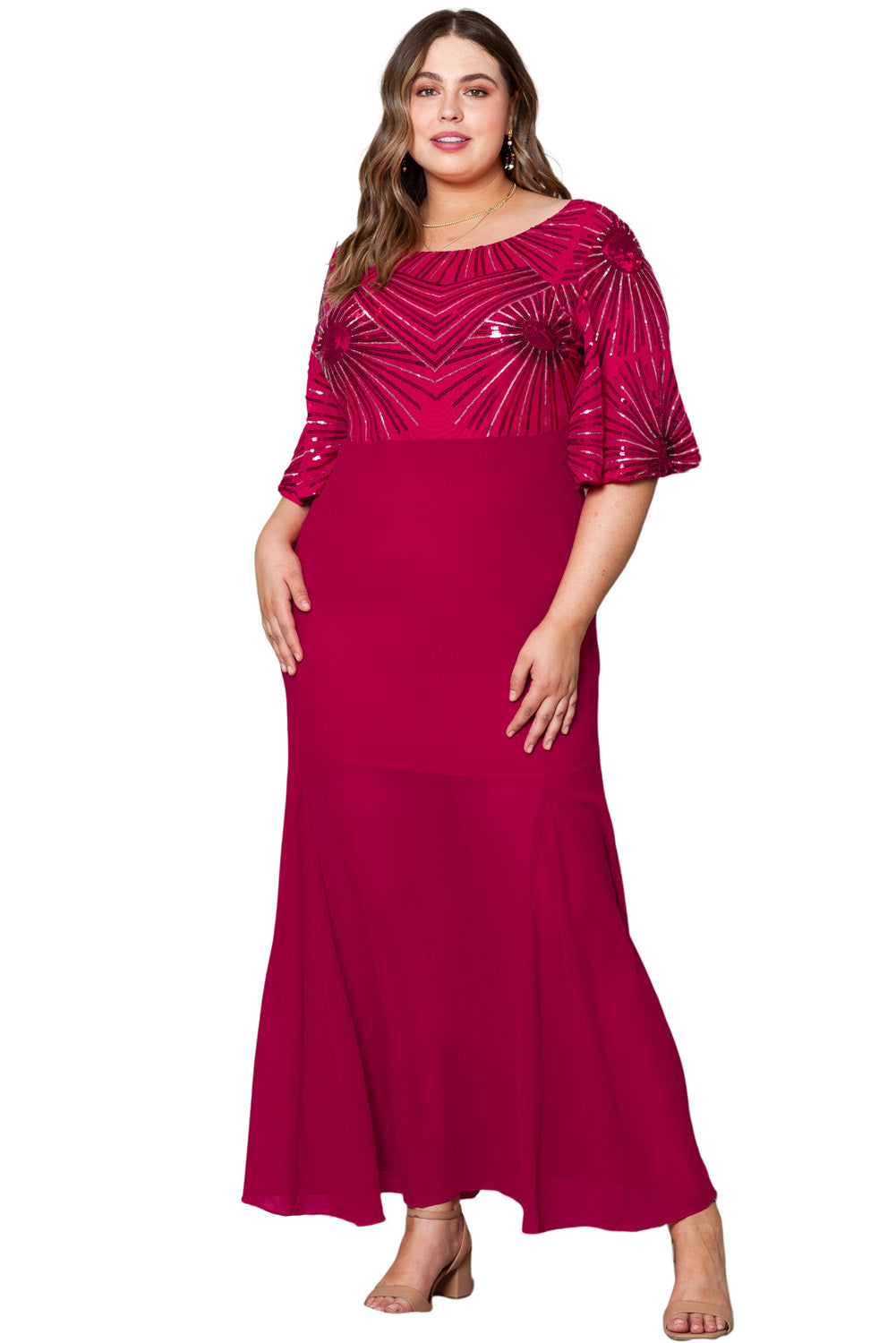 Red Sequin Mesh Open Back Plus Size Maxi Dress