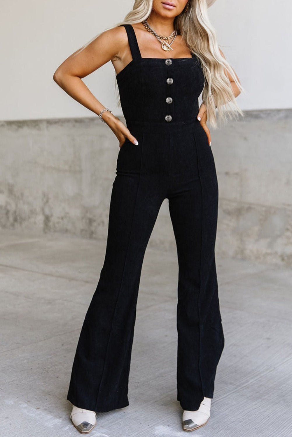 Black Sleeveless Buttoned Bodice Wide Leg Corduroy Jumpsuit