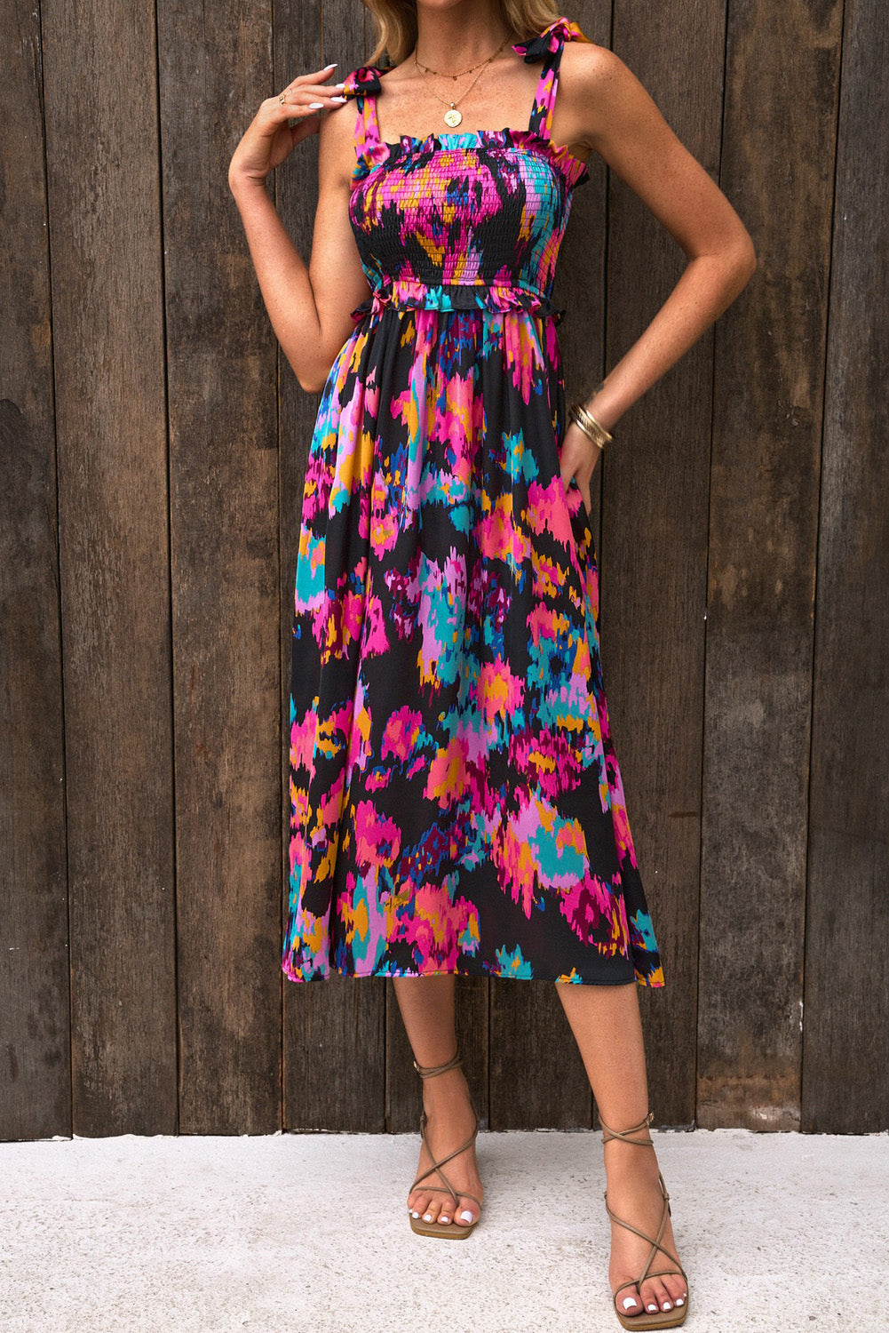 Black Smocked Tie-dye Print Midi Dress