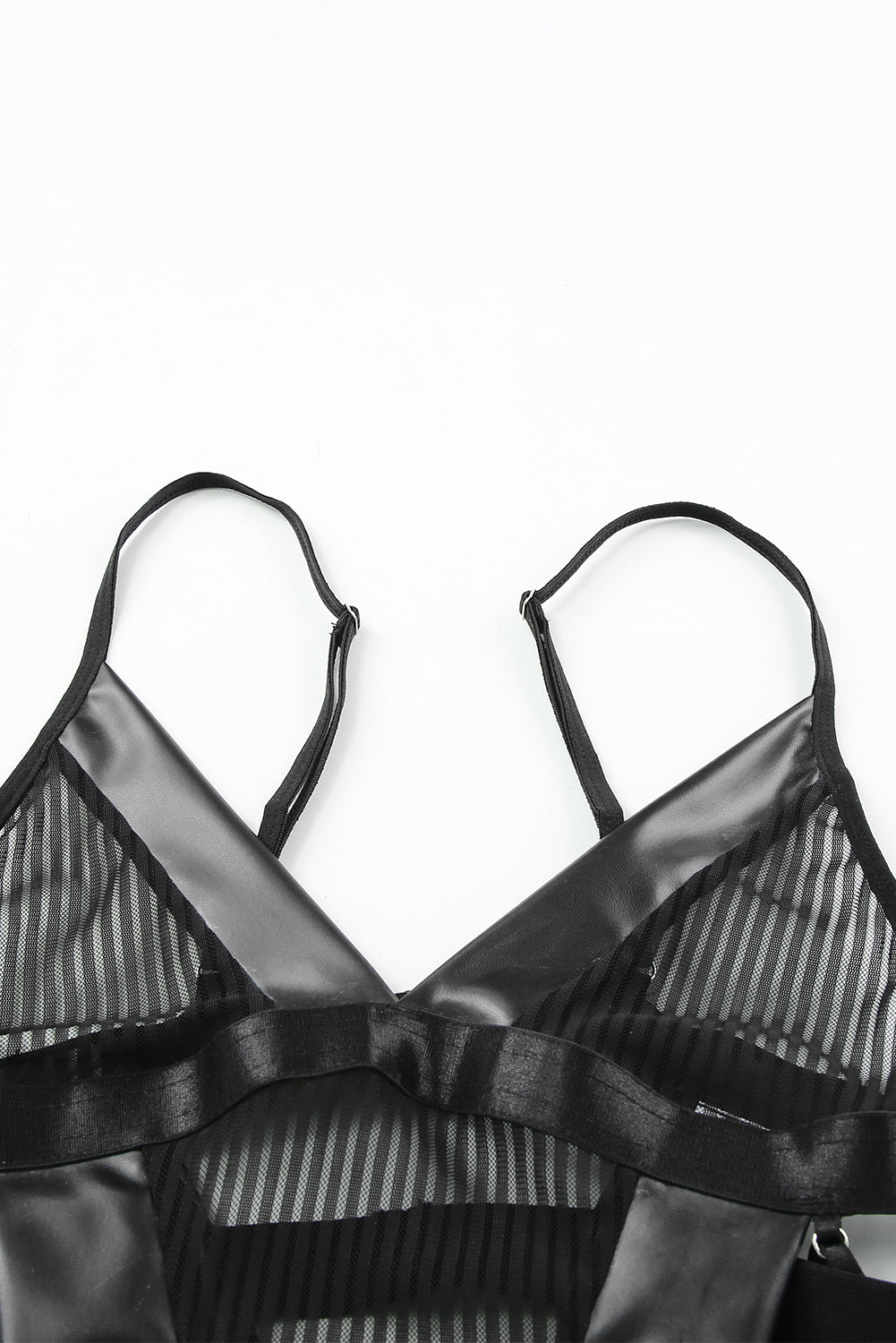 Black Sheer Striped Faux Leather Trim Garter Belt Teddy Lingerie