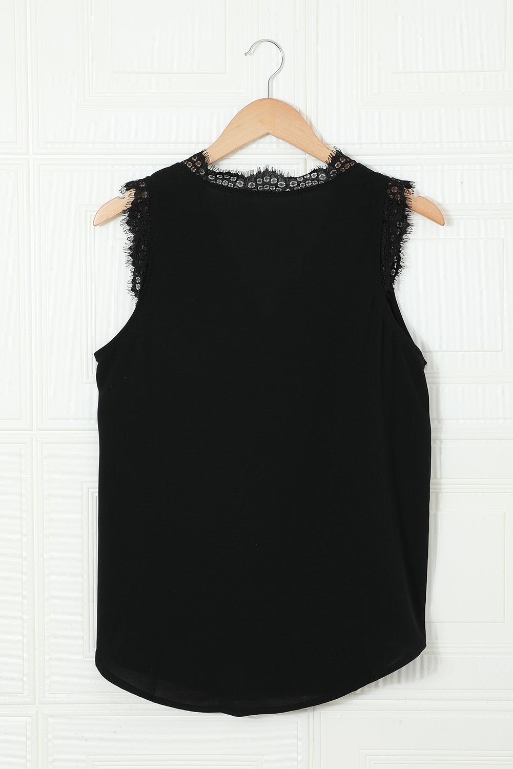 Black Sleeveless Eyelash Lace V Neck Tank Top