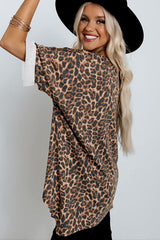 V Notch Rolled Cuffs Loose Leopard Top