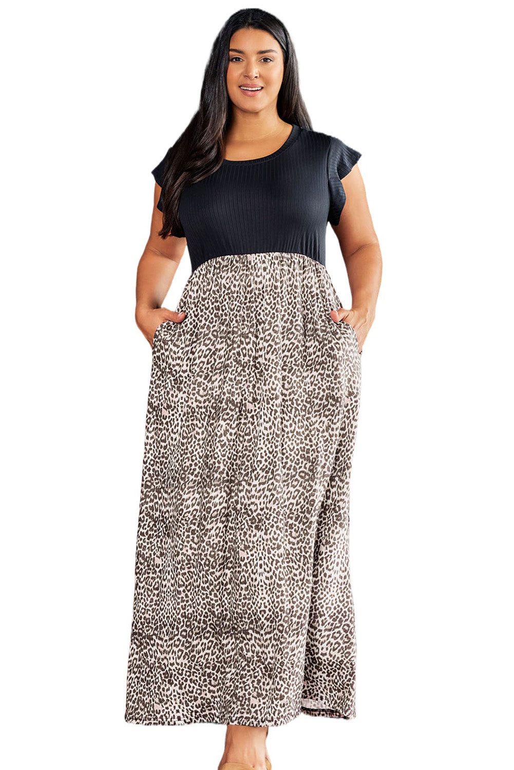 Gray Leopard Patchwork Ribbed Maxi Dress with Pockets