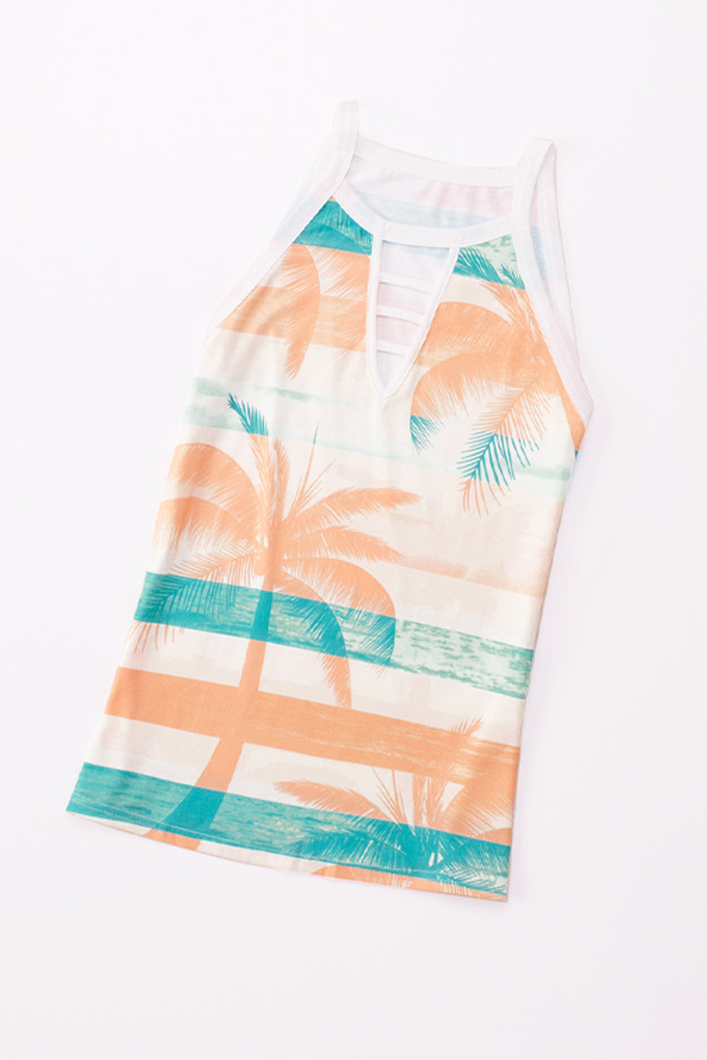 White Coconut Tree Striped Keyhole Neck Tank Top