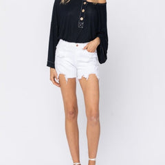 Judy Blue White Shark Bite Hem Destroyed Denim Shorts