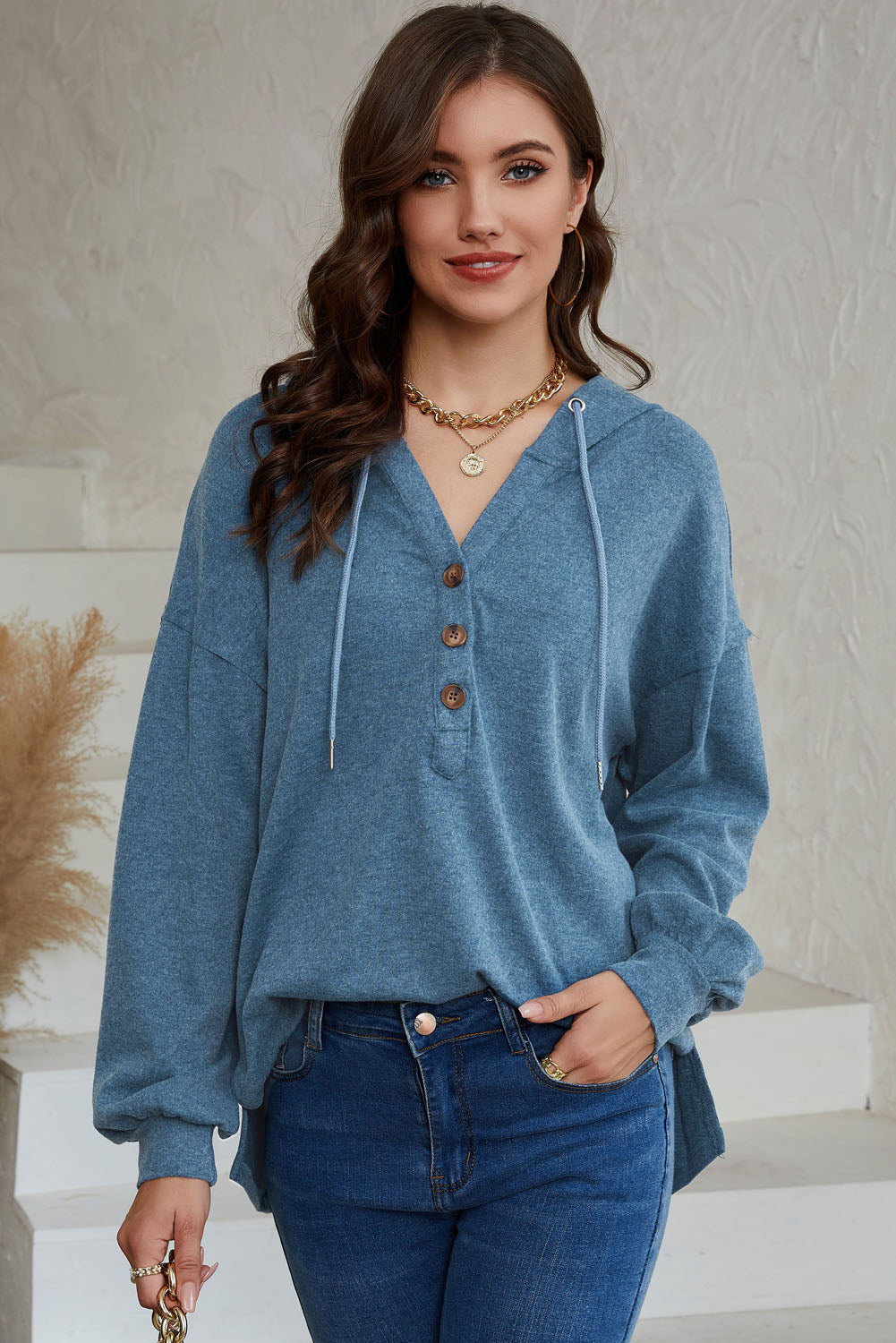 Buttoned High and Low Hem Hoodie