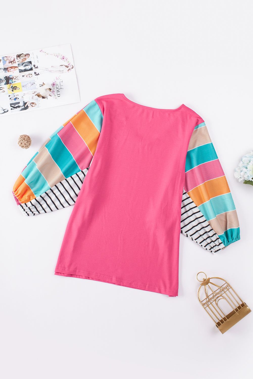 Rose Stripe Color Block Bubble Sleeve Top