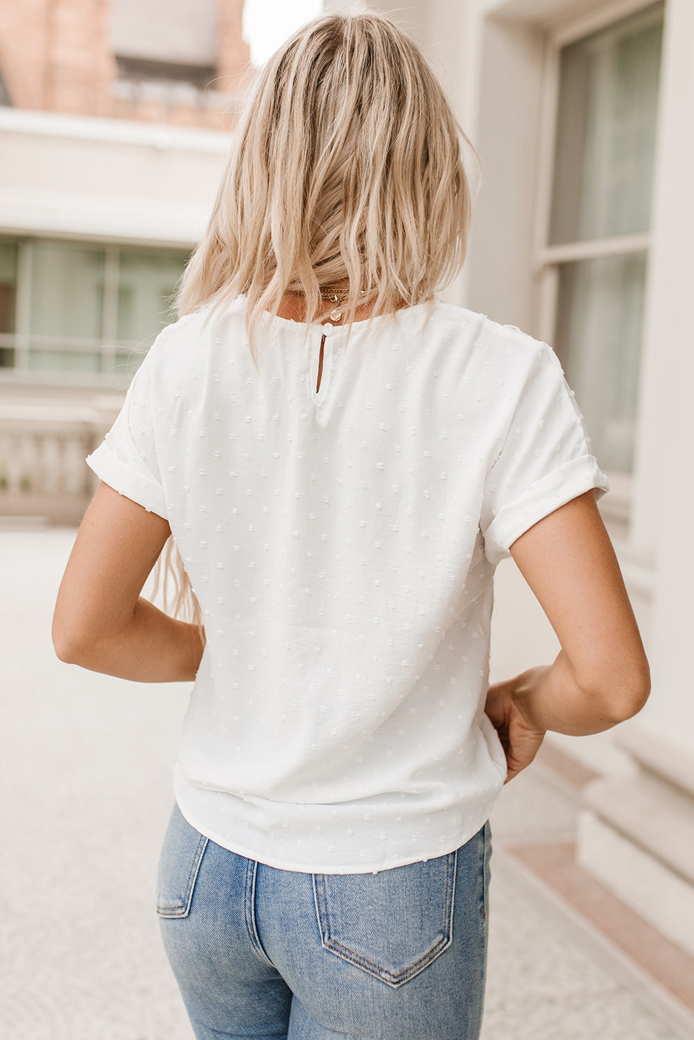 White Lace Swiss Dot Cuffed Sleeves Top