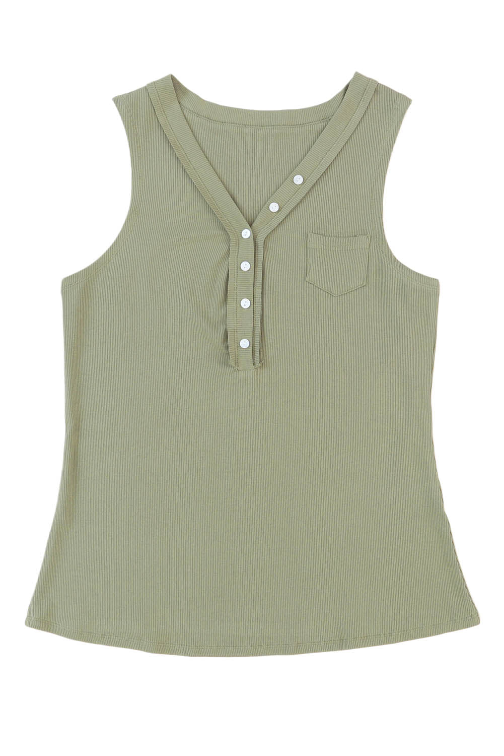 Green Ribbed Knit Buttoned Henley V Neck Tank Top