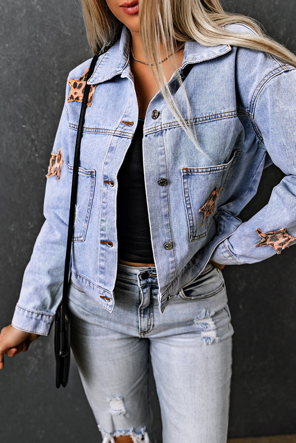 Sky Blue Leopard Star Distressed Cropped Denim Jacket