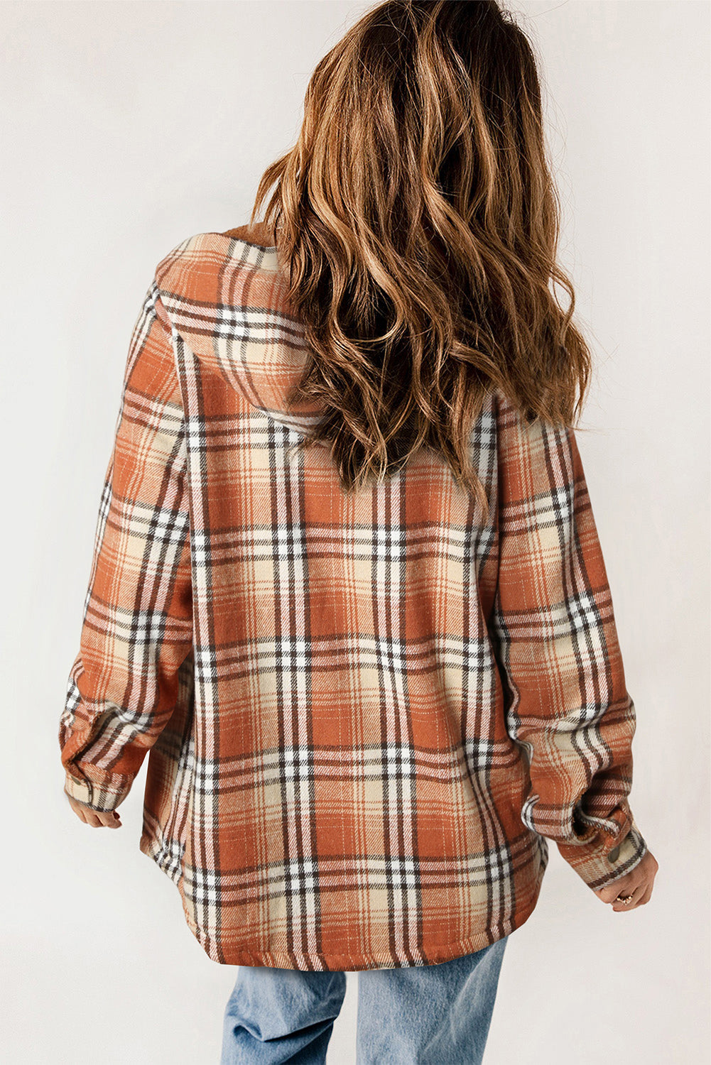 Orange Plaid Pattern Sherpa Lined Hooded Shacket