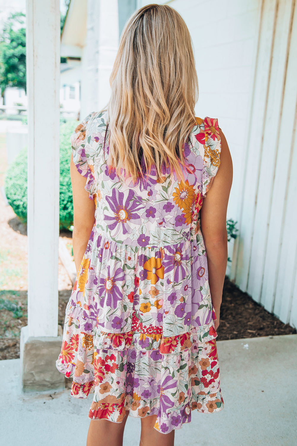 Purple Multicolor Flutter Floral Print Flowy Tank Top