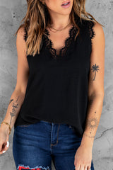 Black Sleeveless Eyelash Lace V Neck Tank Top