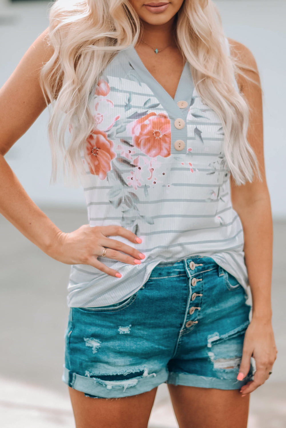 Gray Floral Print V-neck Sleeveless Button Striped Tank Top