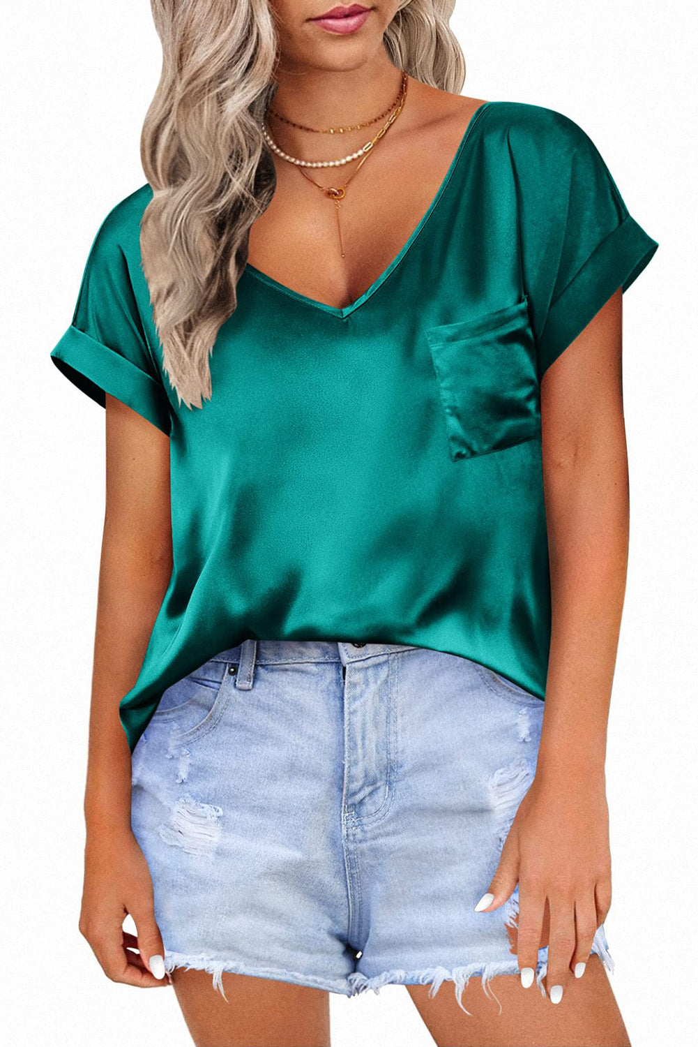 Green Satin V Neck Pocket Short Sleeves Top