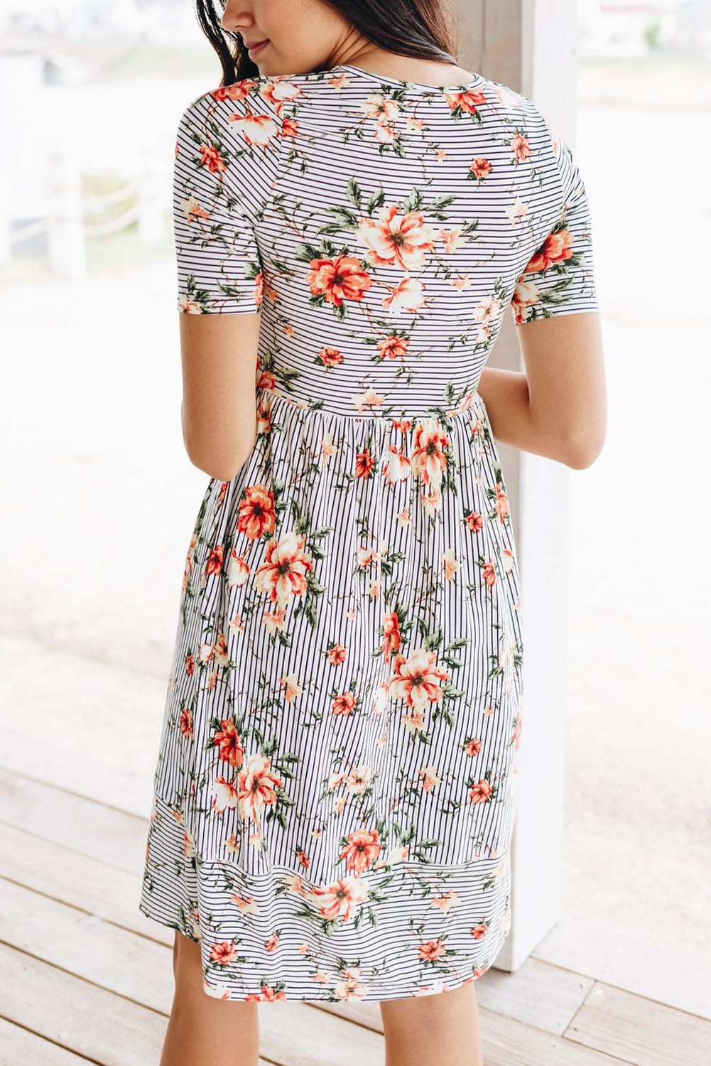 Striped Flower Short Sleeve Flowy Midi Dress