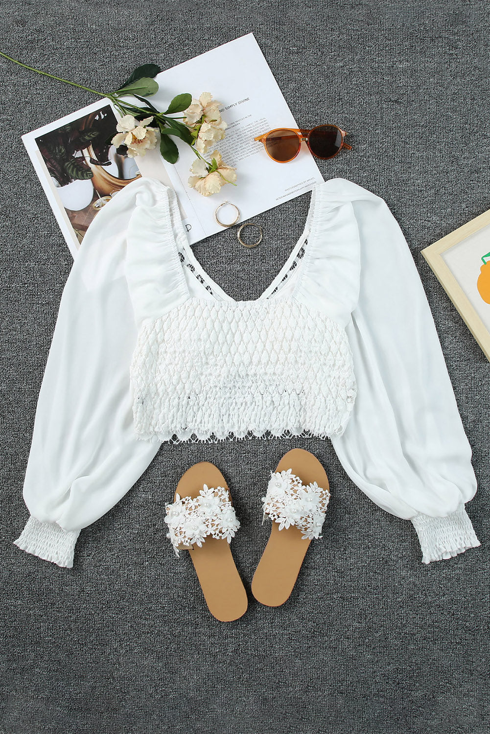 White Puff Sleeves Lace Backless Crop Top