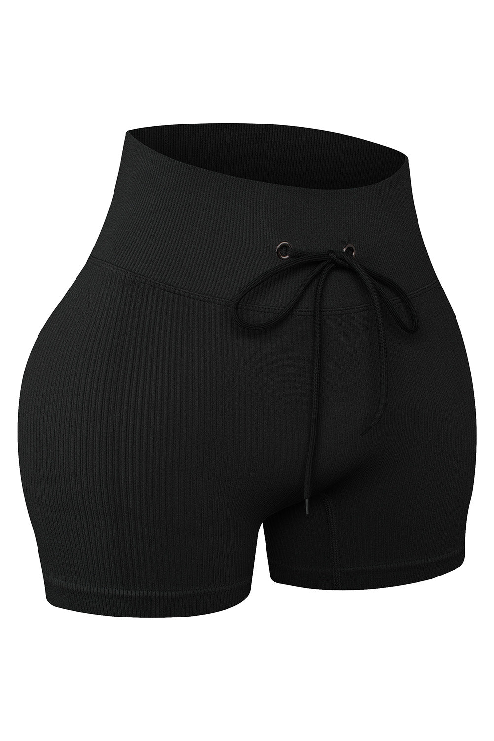 Black Solid Color Ribbed Drawstring Waist Yoga Shorts