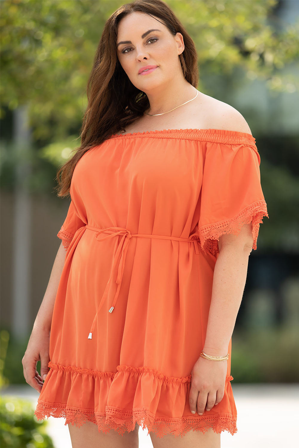 Red Plus Size Crochet Detail Belted Off Shoulder Dress