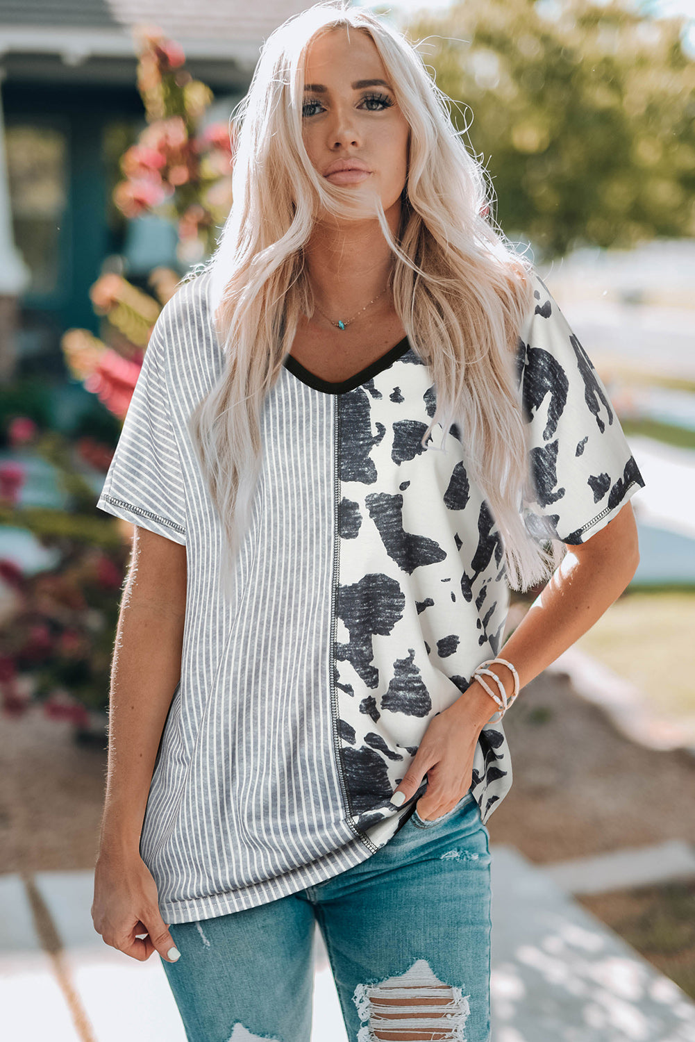 Gray Stripes & Cow Print Contrast V Neck Tee