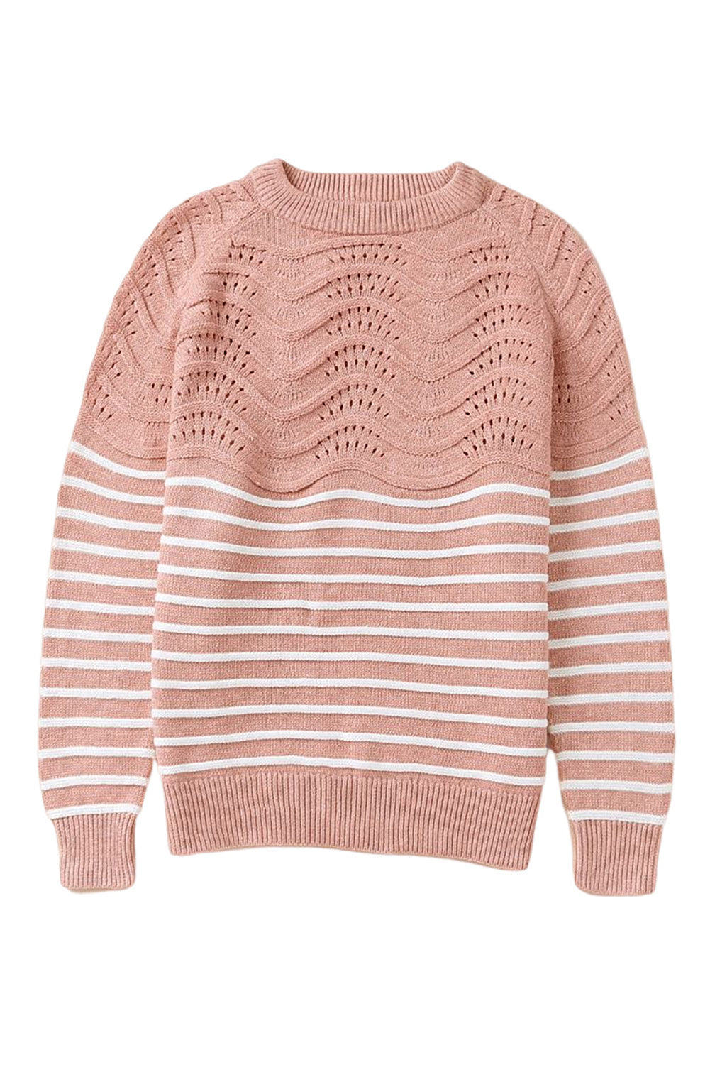 Pink Striped Textured Long Sleeve Knit Sweater