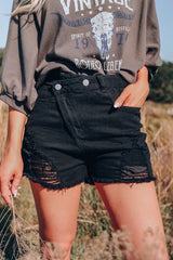 Black Asymmetrical Ripped Denim Shorts