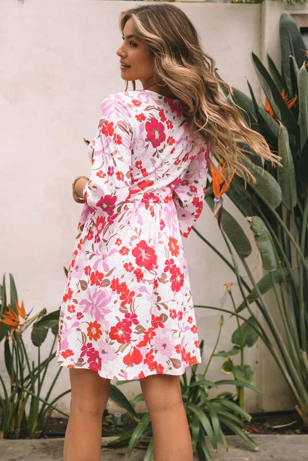White V Neck 3/4 Sleeve Floral Dress