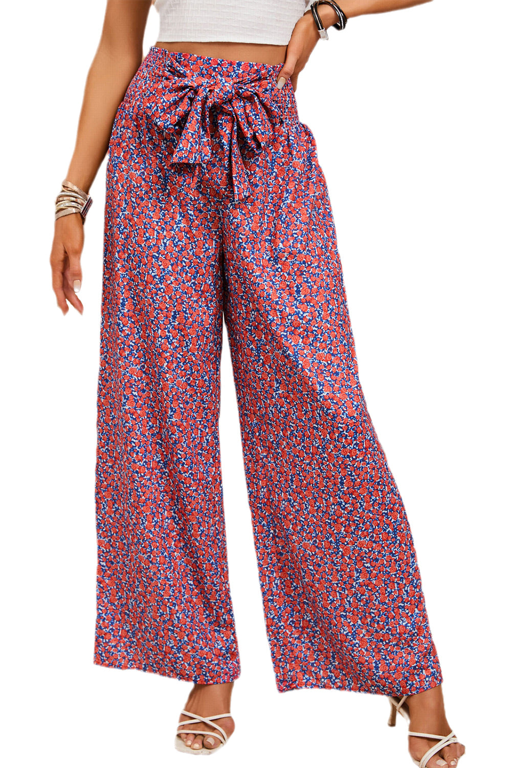 Ditsy Floral Print Tie Front Wide Leg Pants