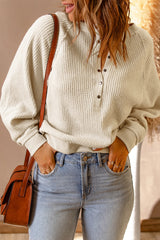 Beige Snap Button V-Neck Waffle Knit Top