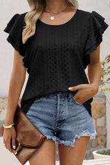 Black Rhombus Textured Ruffle Short Sleeve Blouse