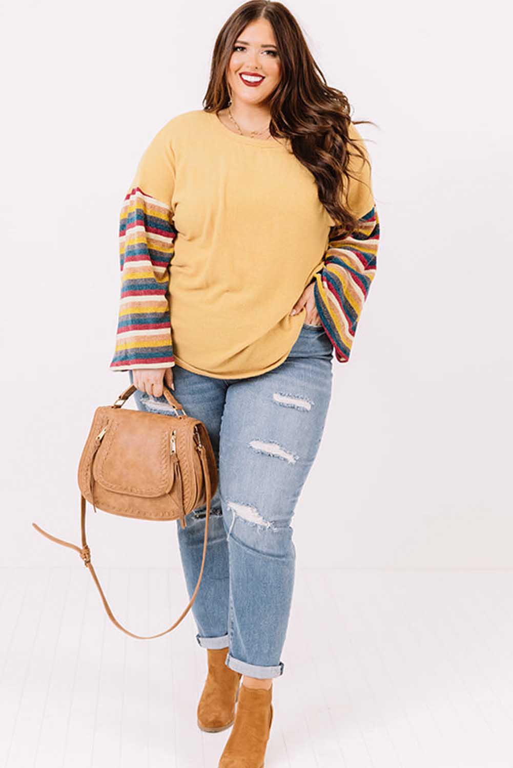 Yellow Serape Striped Bell Sleeve Plus Size Top