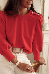 Red Button Tab Detail Long Sleeve Top