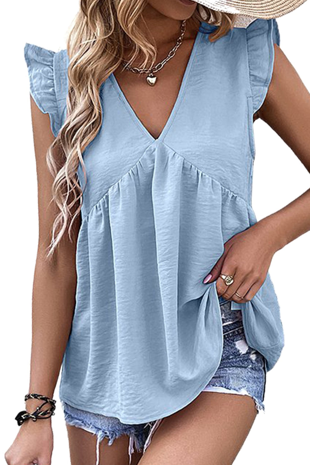 Sky Blue V Neck Flutter Sleeveless Top