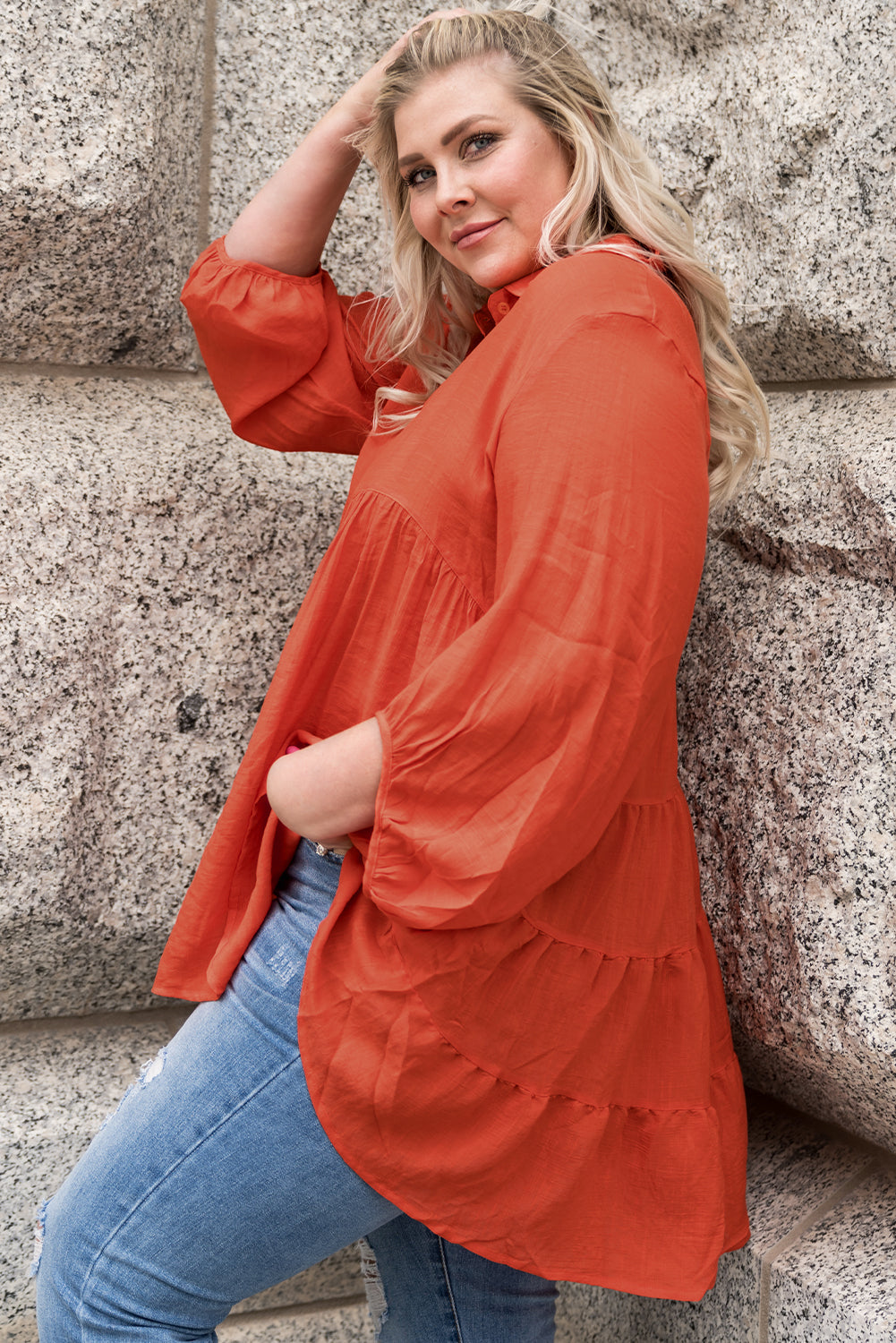 Green 3/4 Sleeve Plus Size Tunic Top