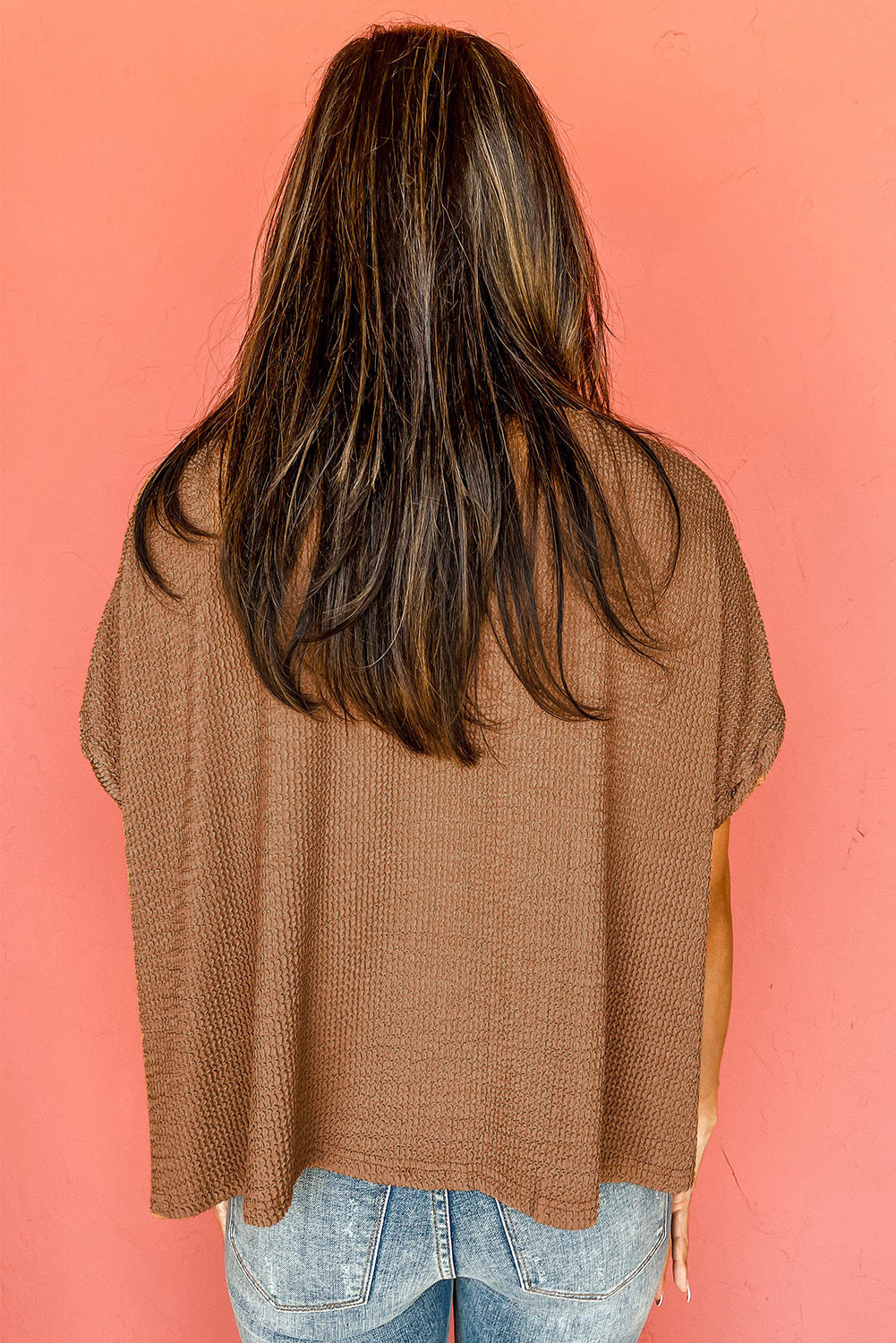 Brown Crinkle Textured Round Neck Short Sleeve Top